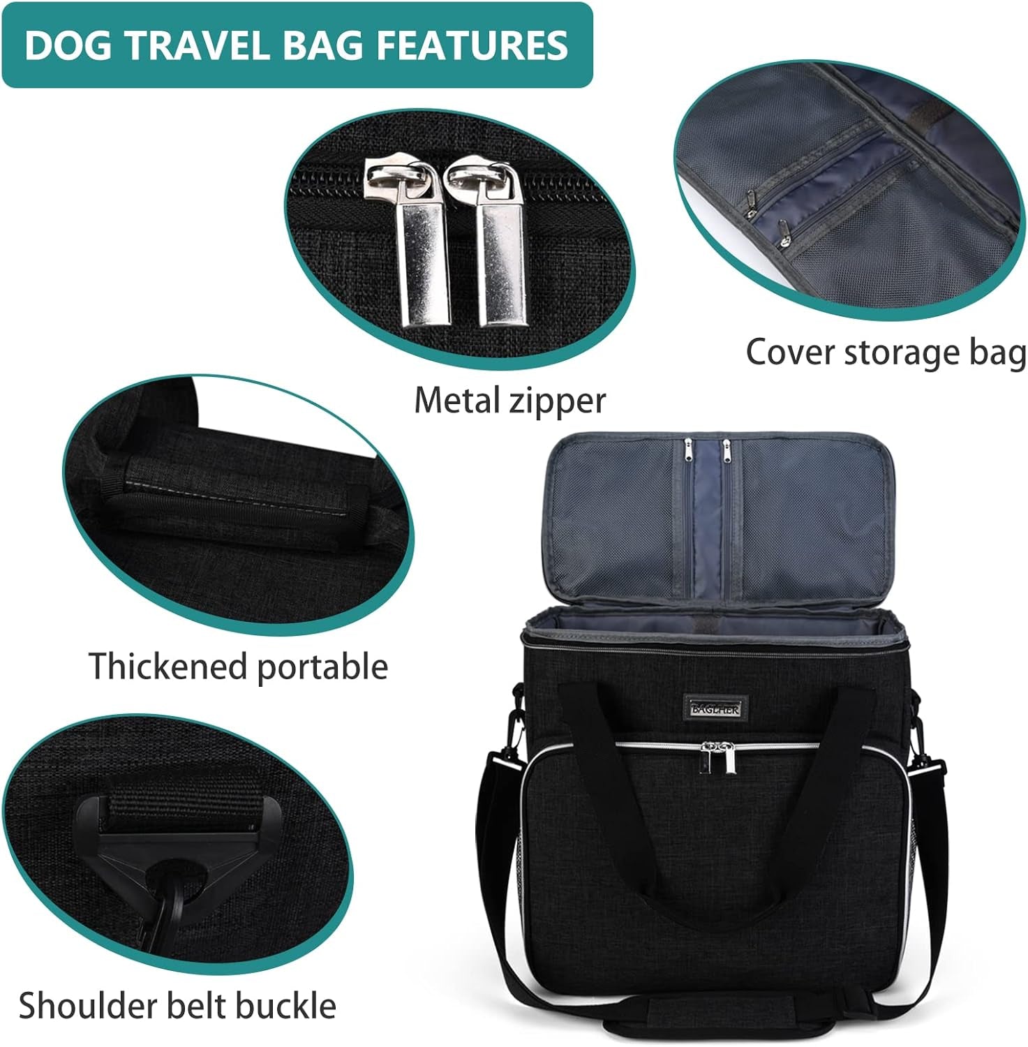 Dog Travel Bag, Pet Travel Bag（All Pet Travel Supplies）, with 2 Pet Food Containers and 2 Collapsible Silicone Bowls; Essential Kits for Pet Travel Black