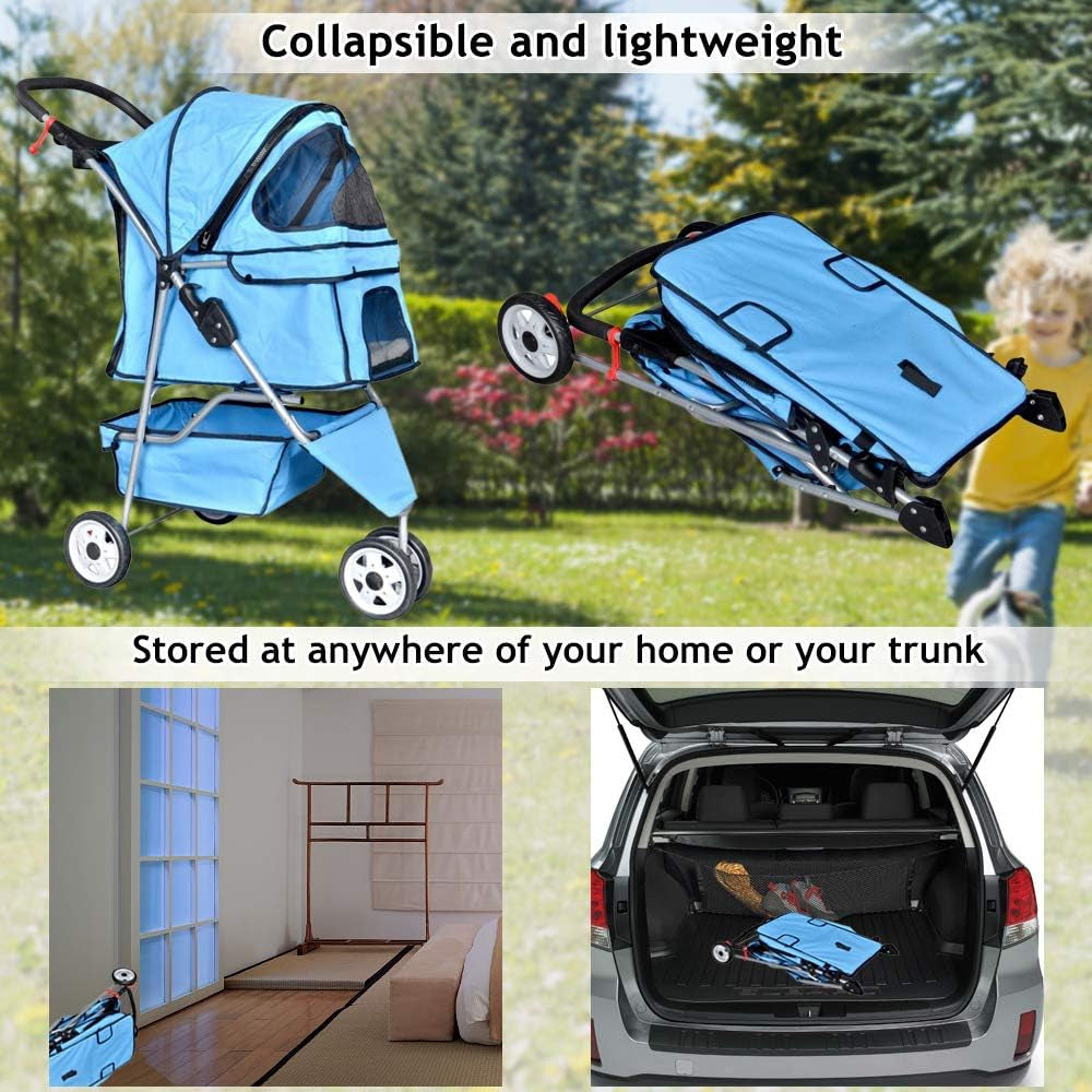 Pet Stroller Joggers Cat Dog Cage 3 Wheel Travel Folding Carriage Strollers with Cup Holder and Removable Pad